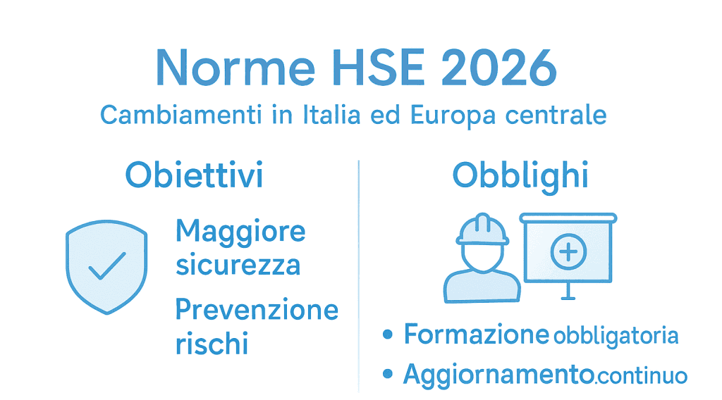 Infografica sulla normativa HSE 2026: cosa prevede, obiettivi principali e obblighi per le aziende