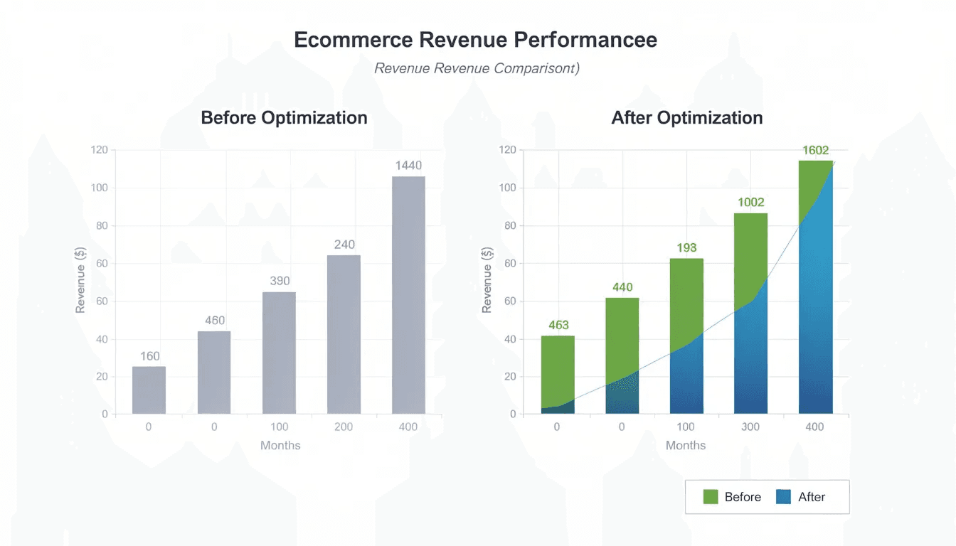 The image depicts a revenue comparison chart illustrating the results before and after an ecommerce optimization process. The chart highlights significant improvements in organic traffic and site performance, emphasizing the effectiveness of technical SEO audits and page optimization strategies for enhancing search visibility on search engines.