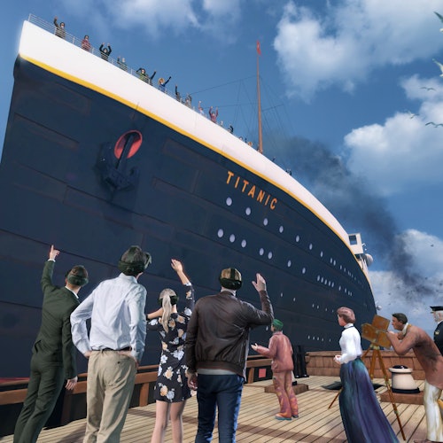 Orang ramai di dermaga melambai ke arah sisi kapal Titanic yang menjulang tinggi ketika ia berlepas di bawah langit biru dengan awan yang berselerak.