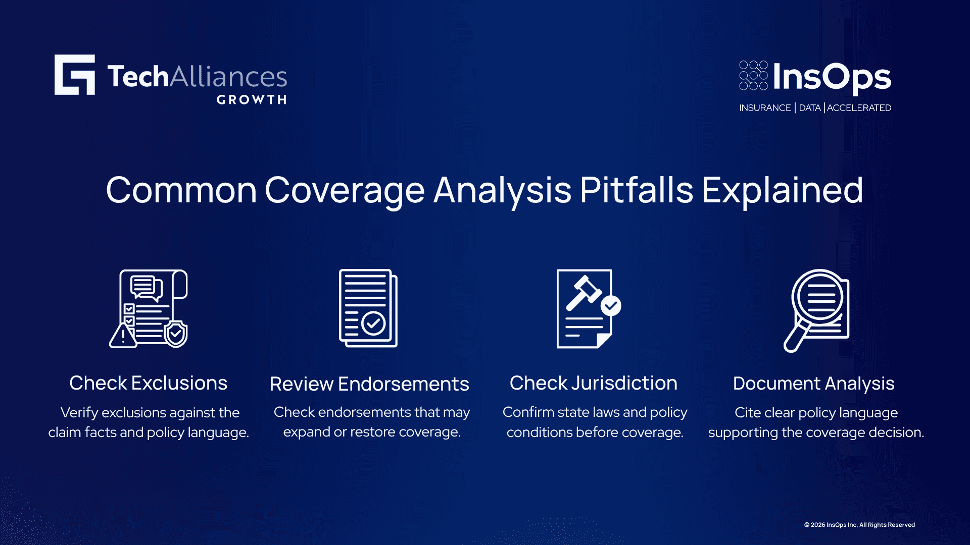 Four-step infographic on coverage analysis pitfalls: checking exclusions, reviewing endorsements, confirming jurisdiction, and documentation.