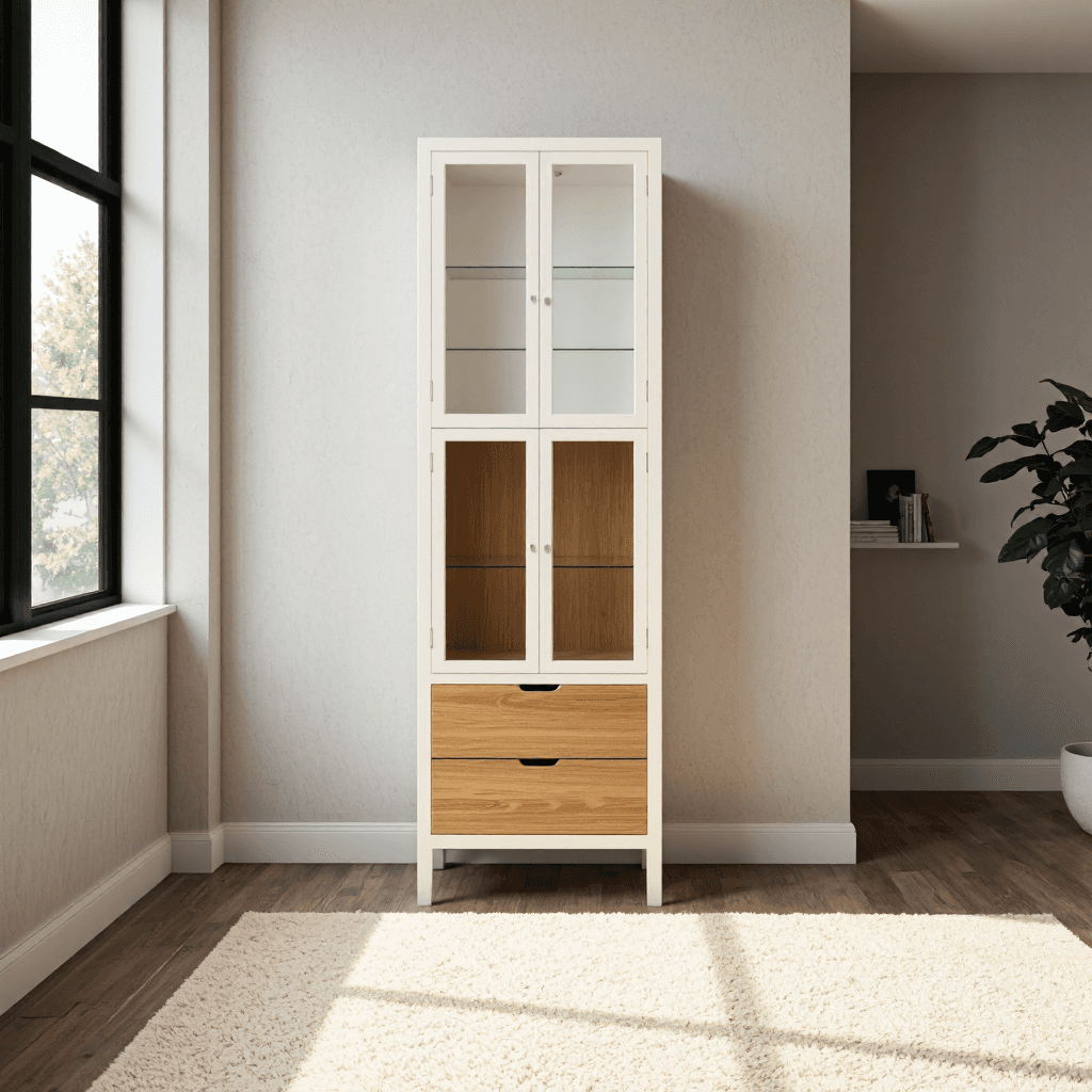 product photography of a tall storage cabinet with glass doors and wooden drawers