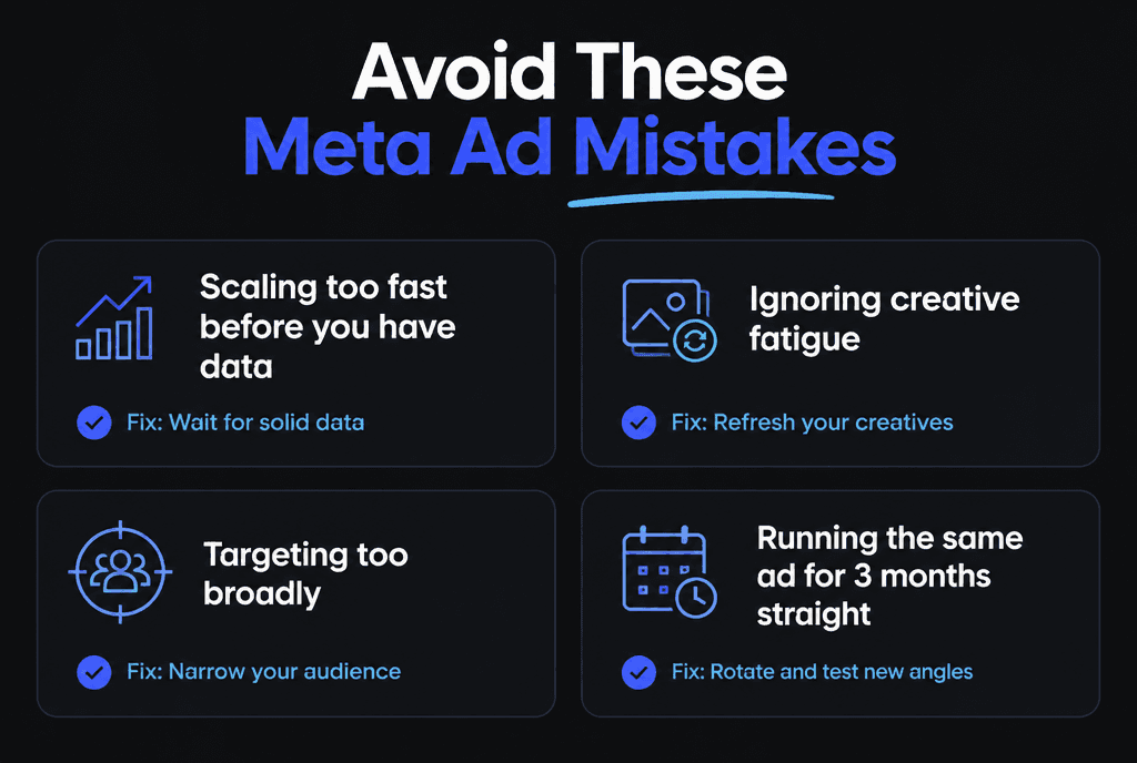 Infographic of Meta ad mistakes to avoid: scaling too fast, ignoring creative fatigue, targeting too broadly and running the same ad for months