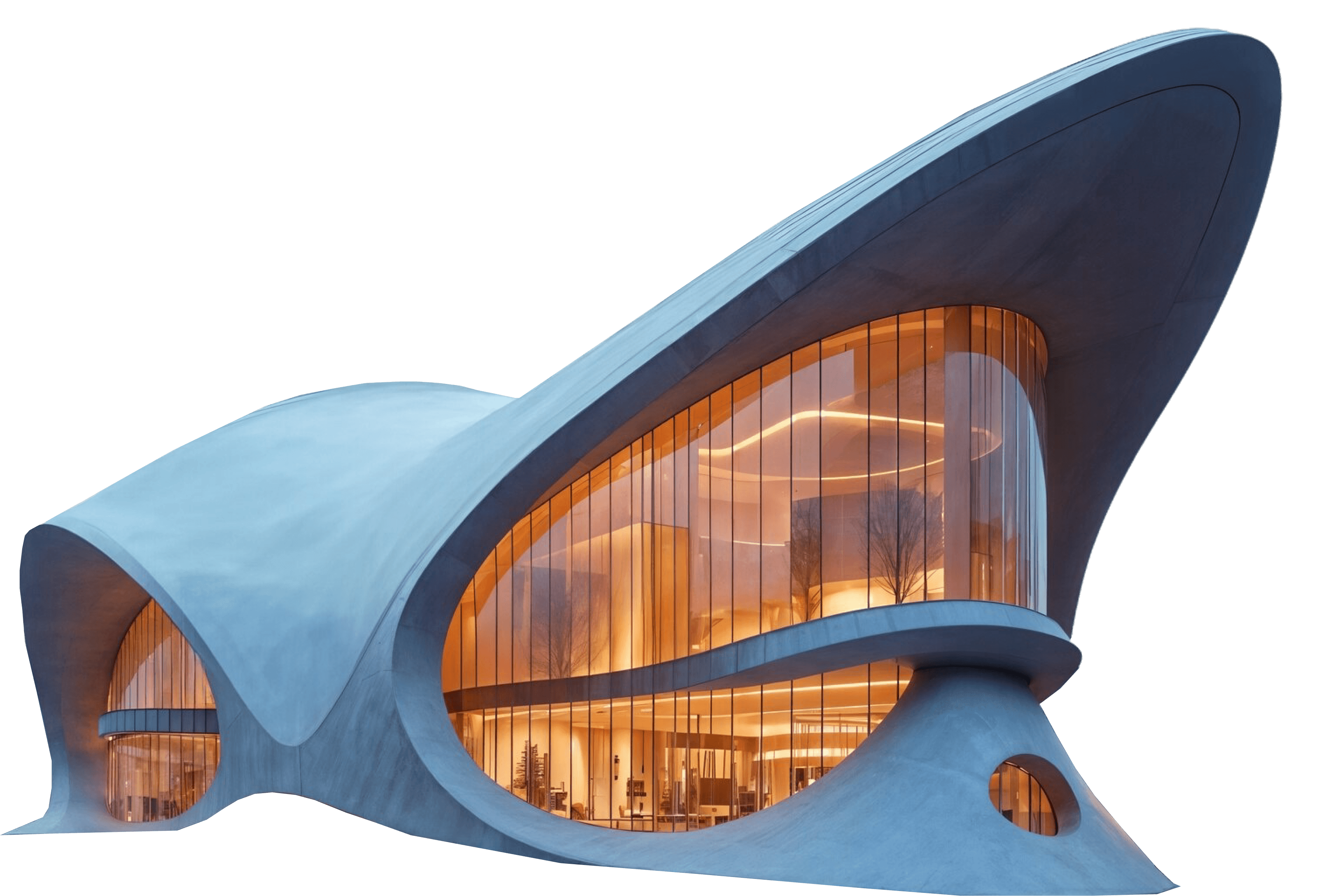 A futuristic building featuring a sleek, curved roof design against a clear blue sky.