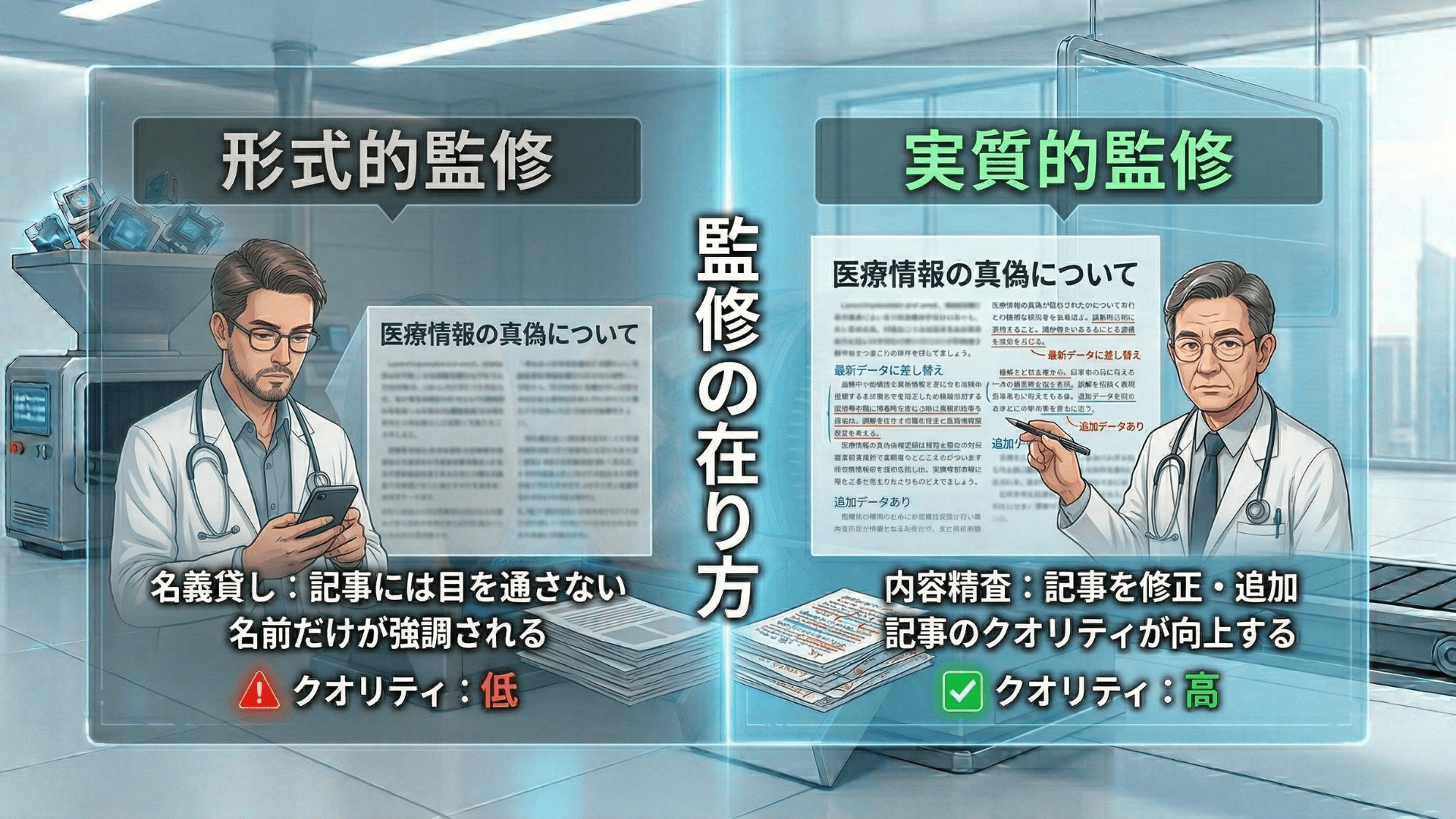 形式的監修と実質的監修の違い｜名義貸しと内容精査の比較図解