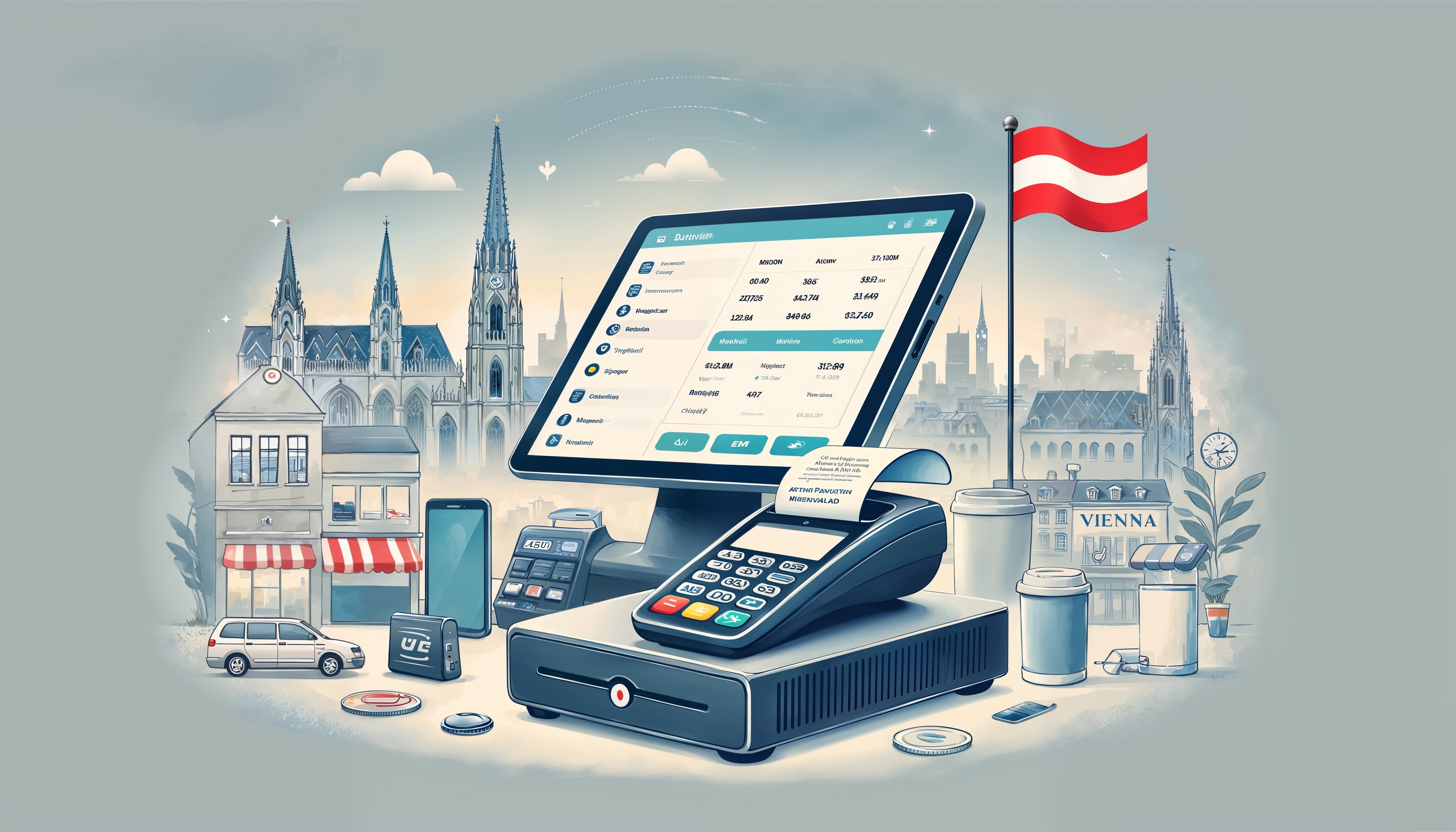 Eine moderne Registrierkassenkonfiguration mit einem Quittungsdrucker und einem Tablet, auf dem eine generische POS-Benutzeroberfläche angezeigt wird. Österreichische Elemente wie eine kleine österreichische Flagge und die Skyline von Wien sind im Hintergrund sichtbar und vermitteln Themen wie Technologie, Geschäftseffizienz und Einhaltung von Vorschriften.