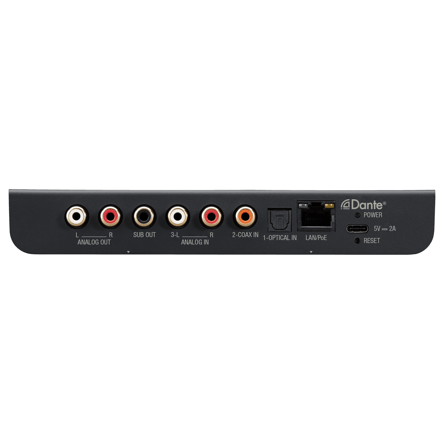 Audio device rear panel with analog and digital inputs/outputs