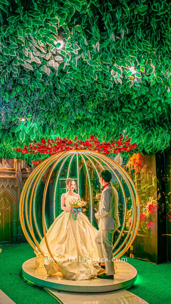 Bride seated in the garden pavilion at Celestia Hall, Stalla Suites QC