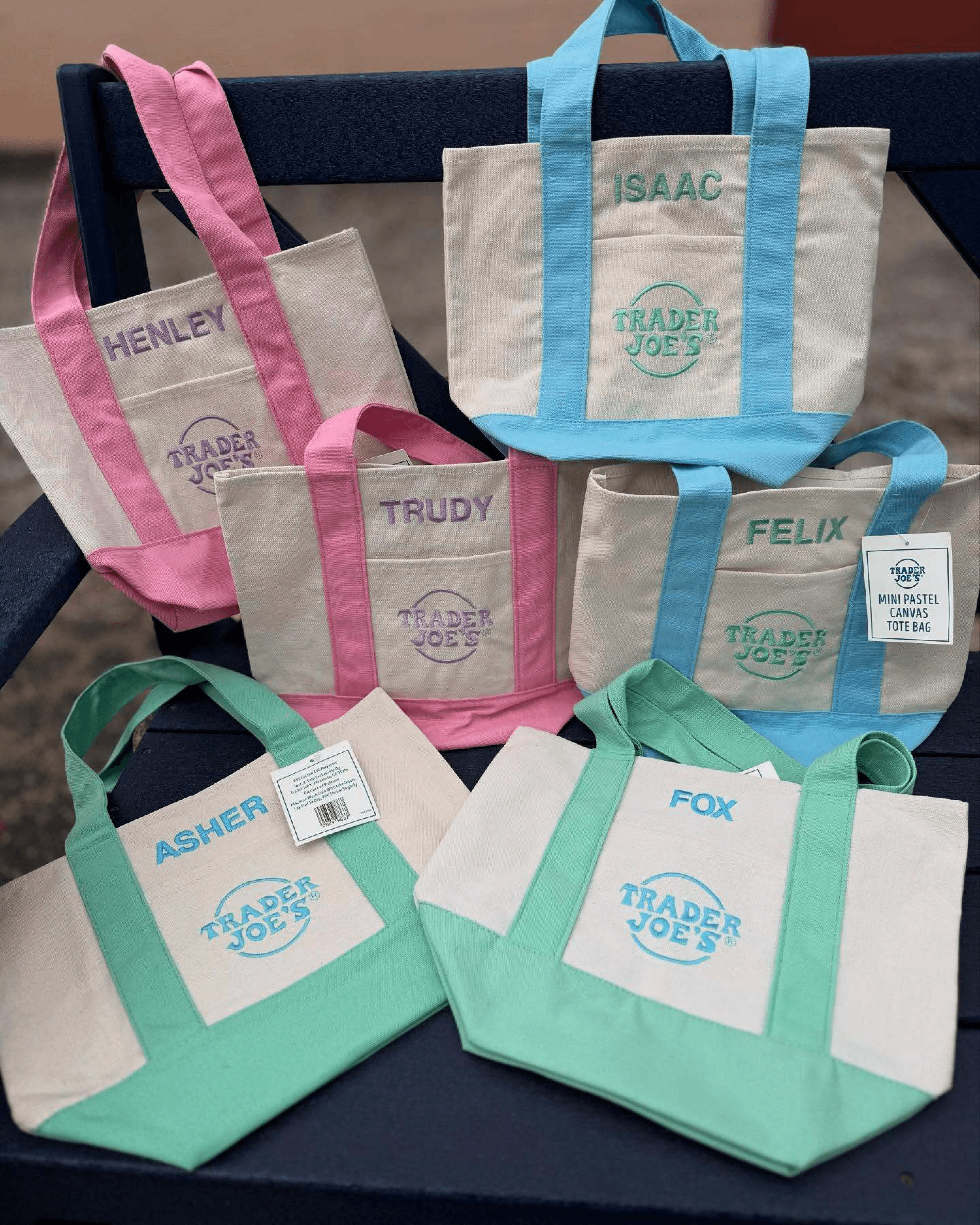 Custom embroidered personalized tote bags with names and monogram designs