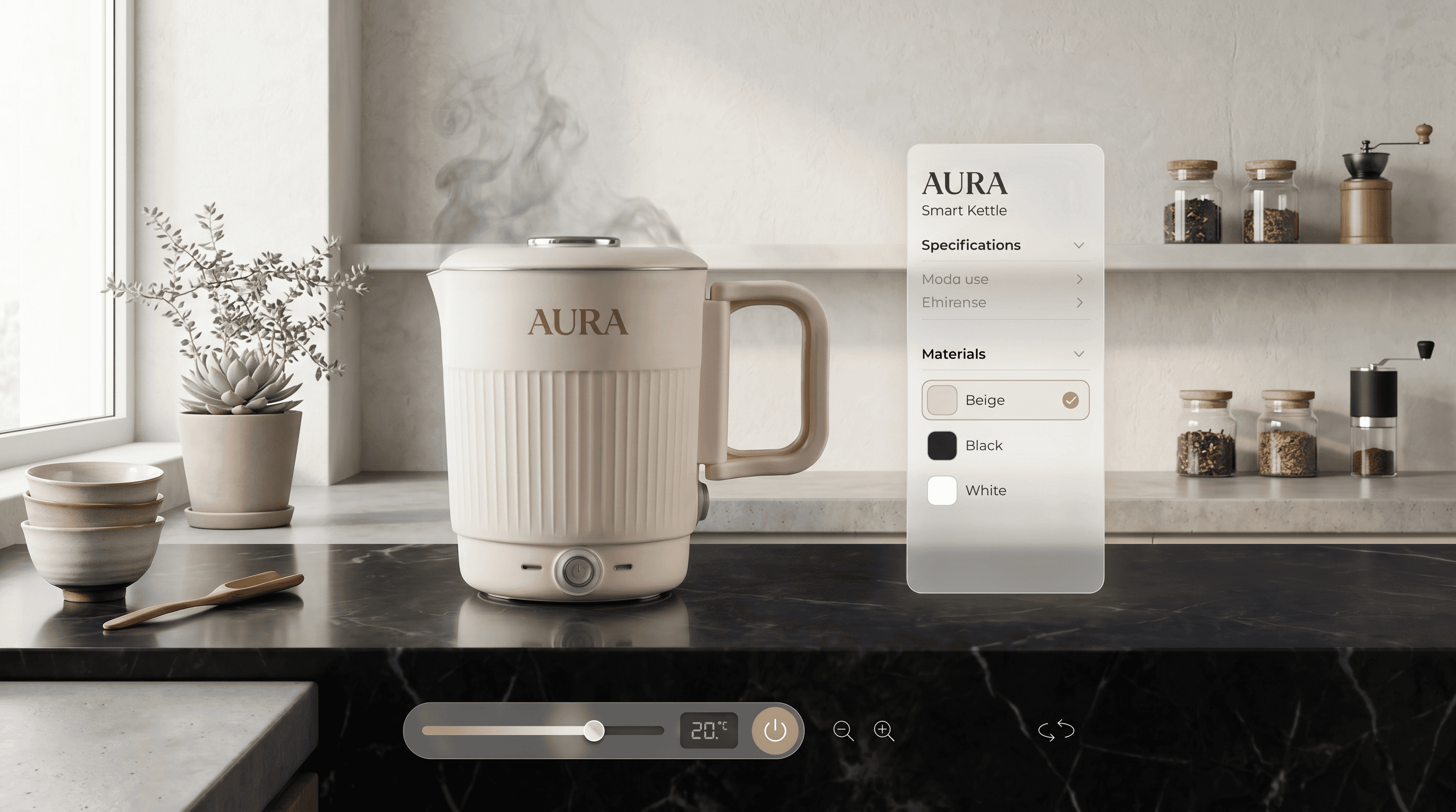 Aura smart kettle interactive 3D product visualization by Penguincil Design