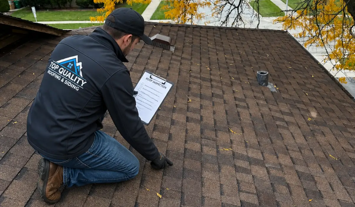 Roof inspector examining asphalt shingles during a spring roof inspection on a residential home in Illinois.