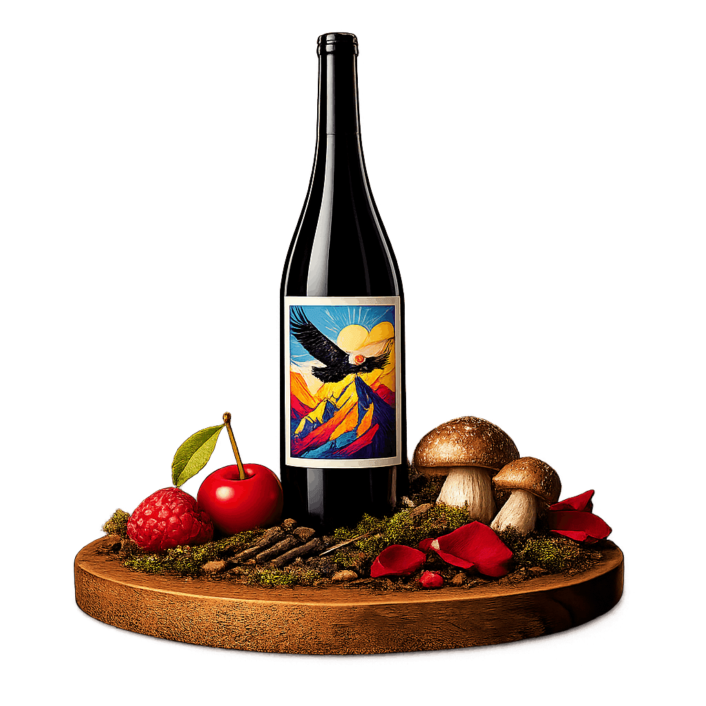 Artistic label and flavor profile for Chilean Pinot Noir on a rustic wooden table.