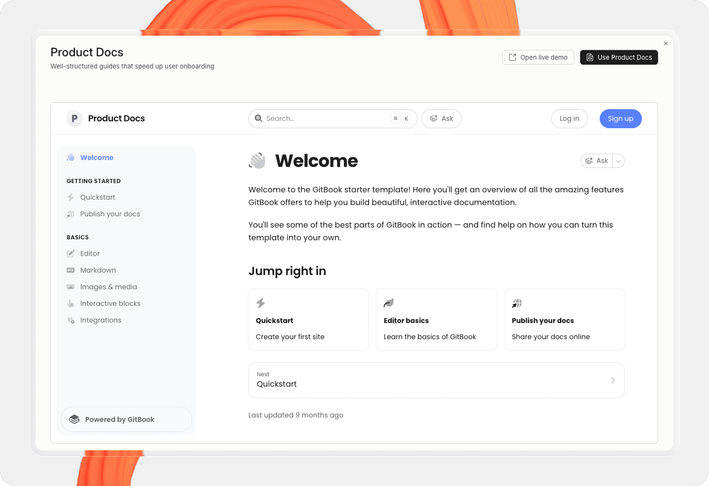 A screenshot showing Product Docs template in GitBook