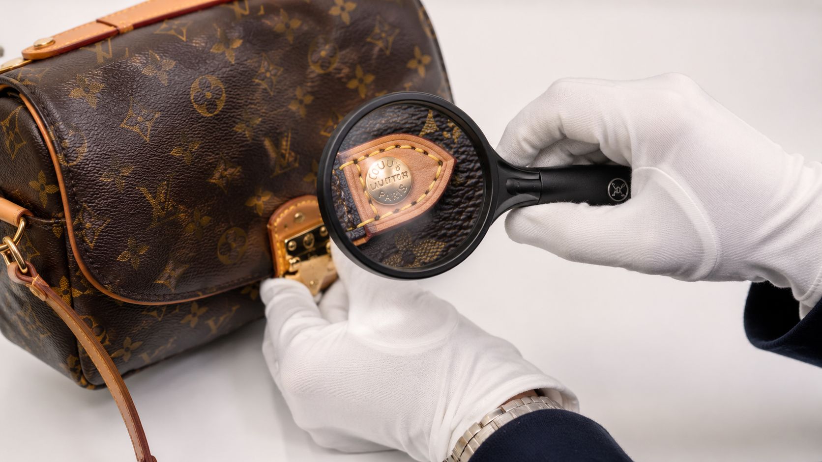 A gloved hand uses a magnifying glass to inspect the hardware on a Louis Vuitton monogram handbag.