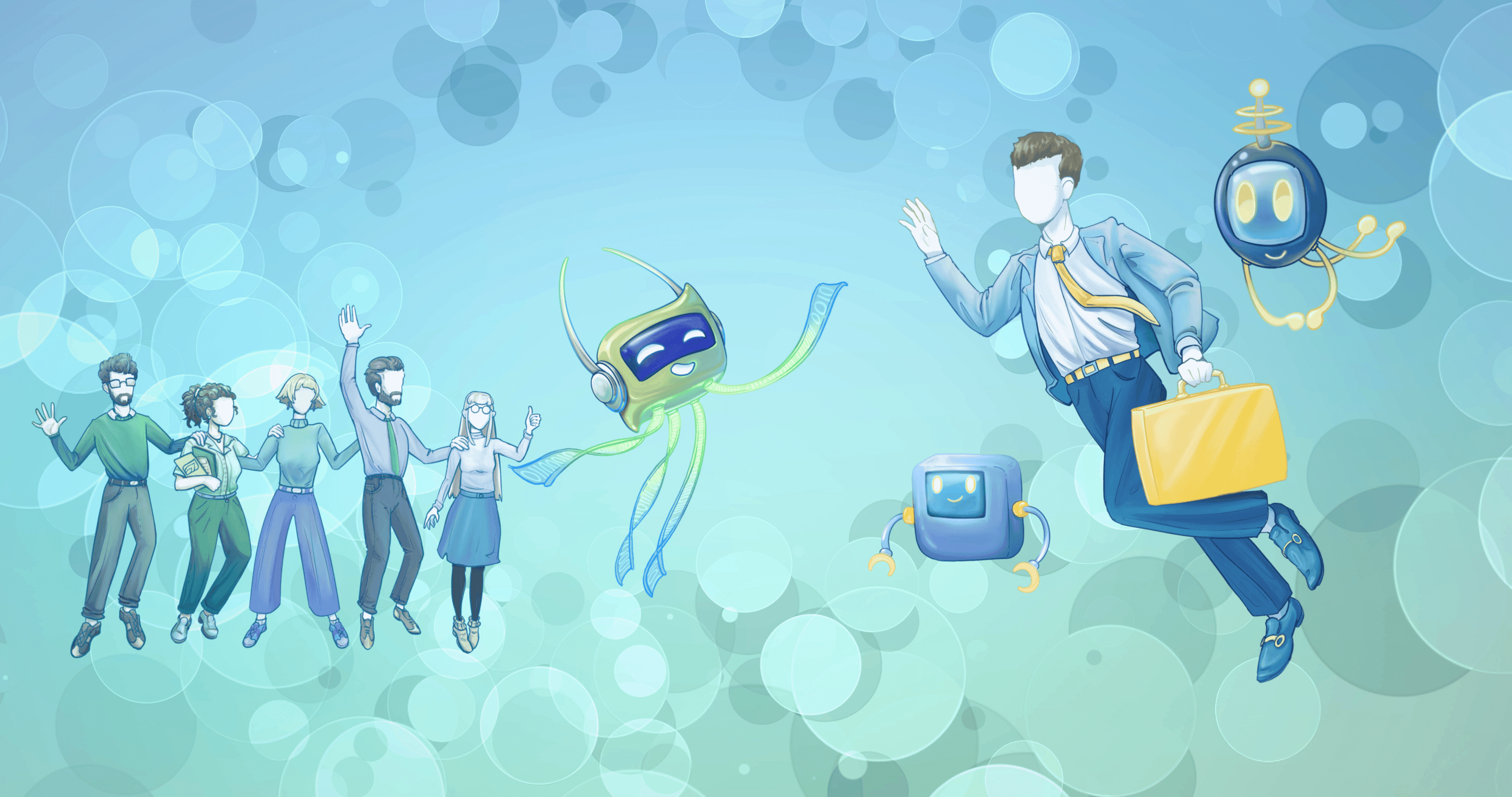 Illustration in Blau- und Grüntönen: Eine Gruppe fröhlicher Menschen und ein schwebender Geschäftsmann mit Aktentasche begegnen freundlichen Roboterfiguren – Sinnbild für die Zusammenarbeit von Mensch und Technologie.
