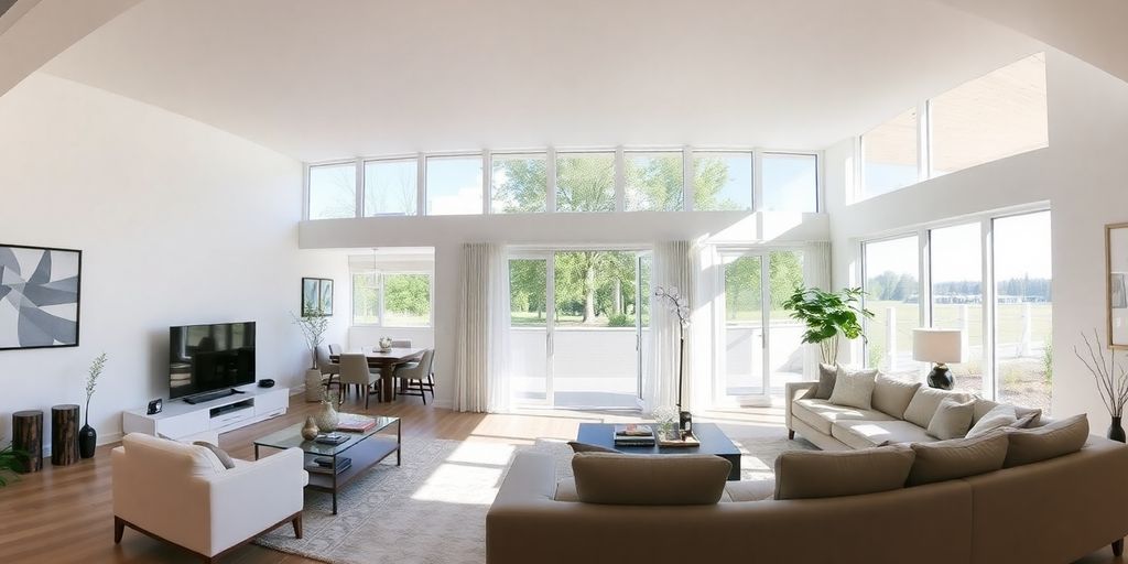 Modern living room with large windows and elegant furnishings.