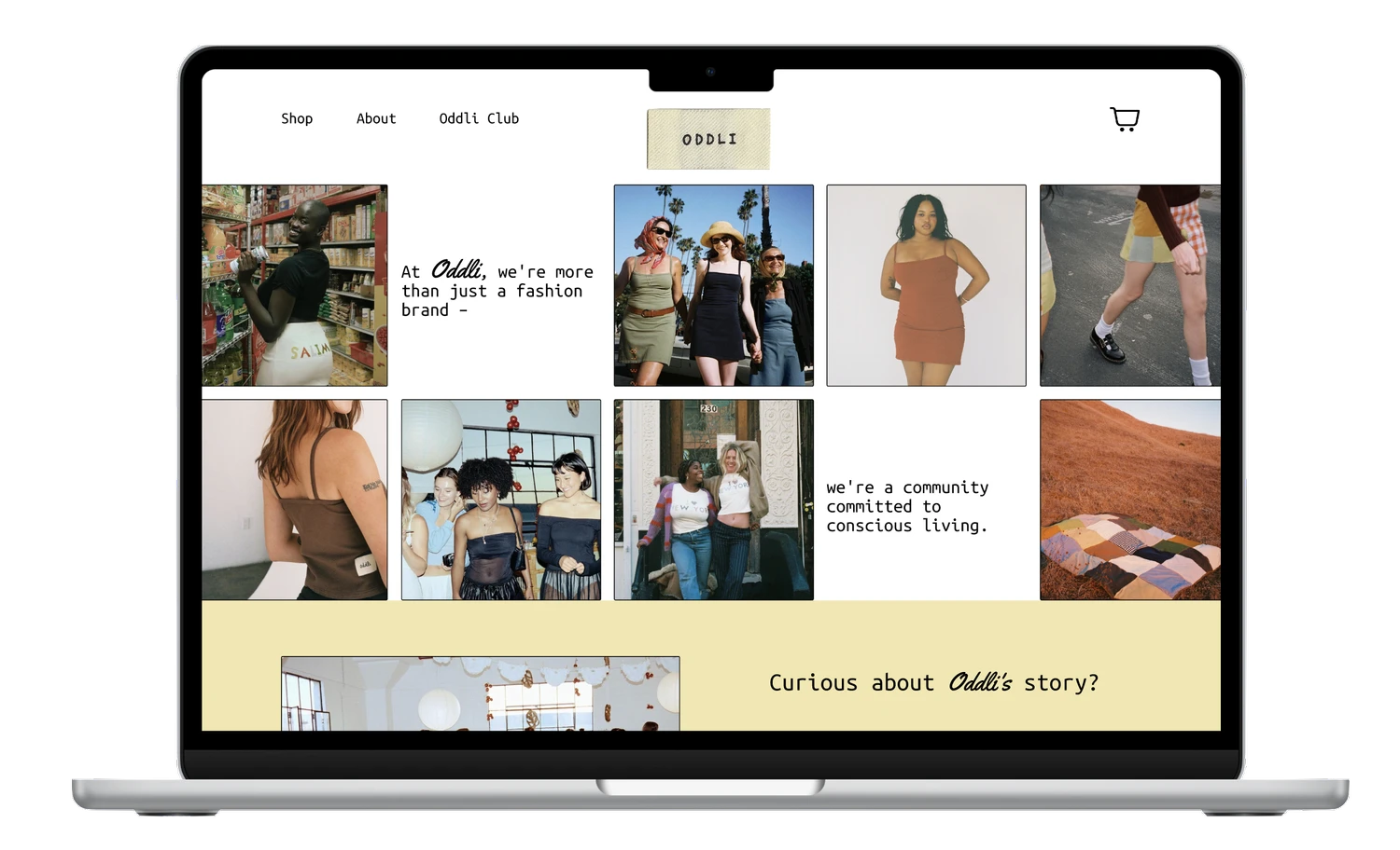 Redesigned homepage with lifestyle photo collage, brand messaging, and yellow 'Curious about Oddli story?' banner at bottom