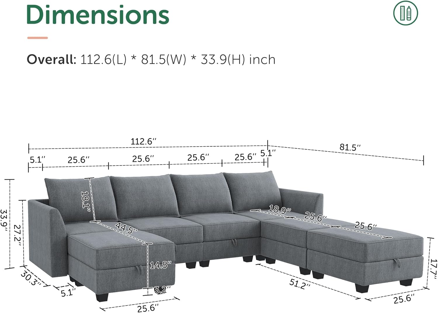 Modular sofa with storage in bluish gray providing customizable seating arrangements