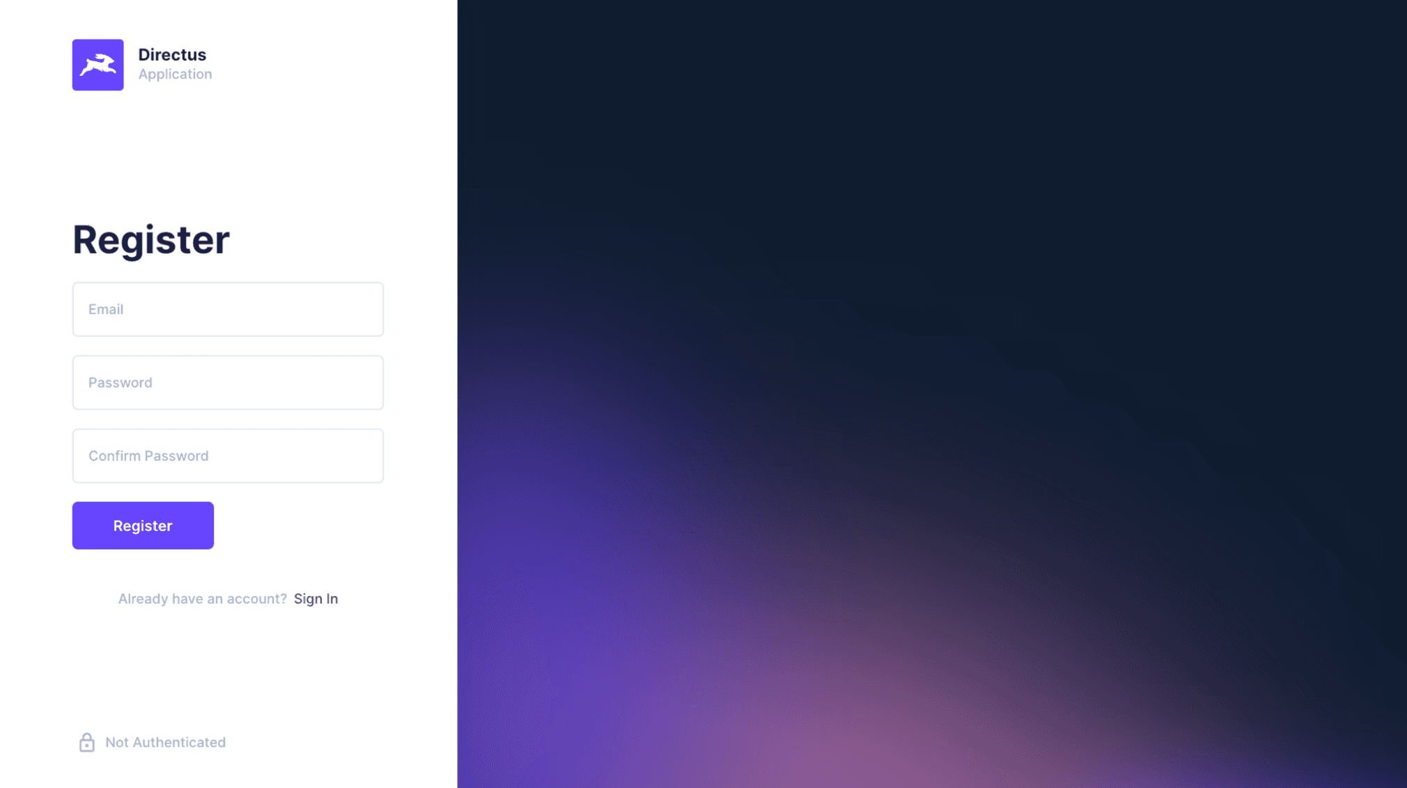 Registration form on the Directus login page