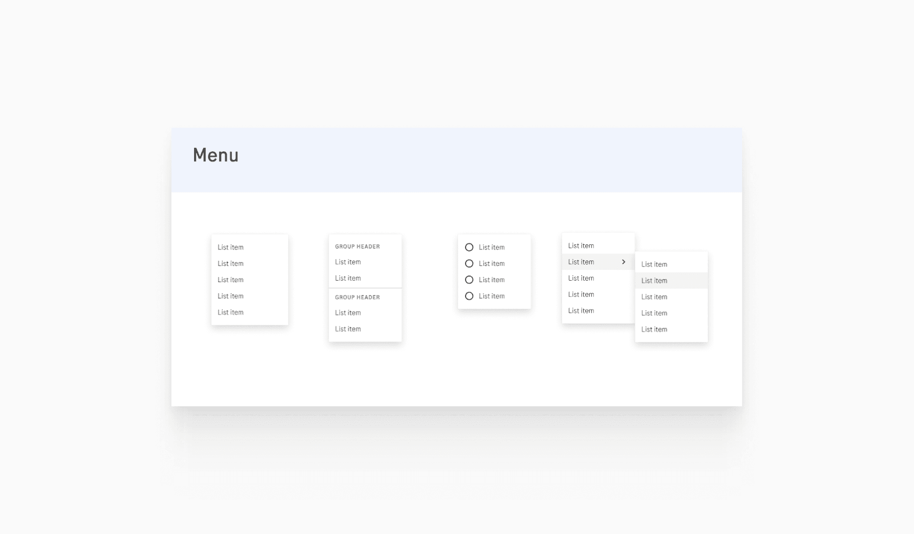 Menu designs from the Roche design system