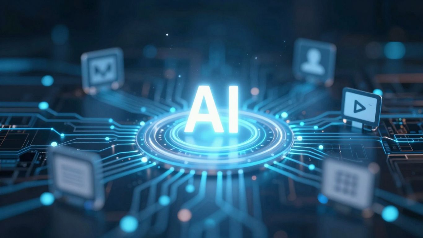 AI marketing tools with digital elements and glowing circuits.