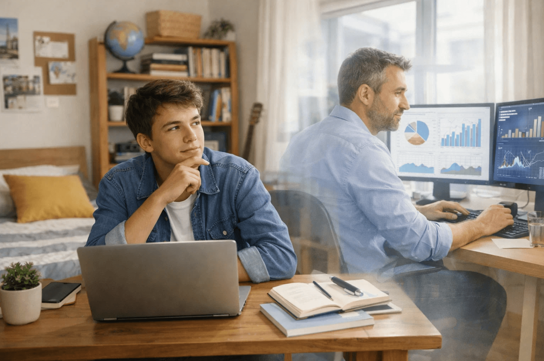 Étudiant dans sa chambre, assis devant son ordinateur portable, pensif pendant qu’il effectue ses recherches sur Parcoursup 2026. Il réfléchit à son avenir professionnel et se projette dans un futur métier de data analyst, illustré par une vision de lui plus âgé travaillant sur des données.
