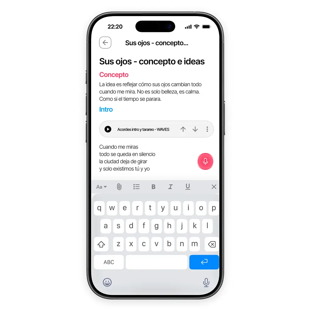 Pantalla de app de notas y letras con grabadora