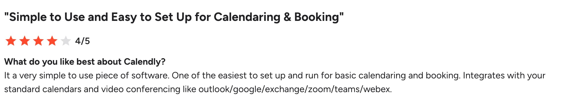 G2 review mentioning Calendly meeting links and booking experience