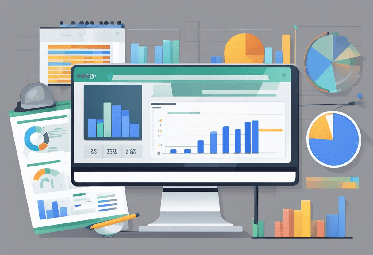 A computer screen displaying recruitment analytics with graphs and charts, a calculator and spreadsheet showing cost per hire calculations, and a magnifying glass symbolizing optimization