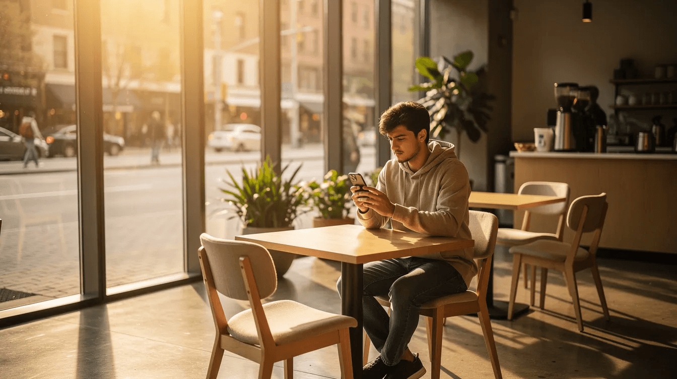 A person is sitting in a modern cafe, holding a smartphone while enjoying the warm sunlight in an urban environment. This scene reflects a blend of casual lifestyle and digital engagement, showcasing the importance of mobile devices in today's world, much like the innovative digital solutions offered by a leading web design agency in Dubai.