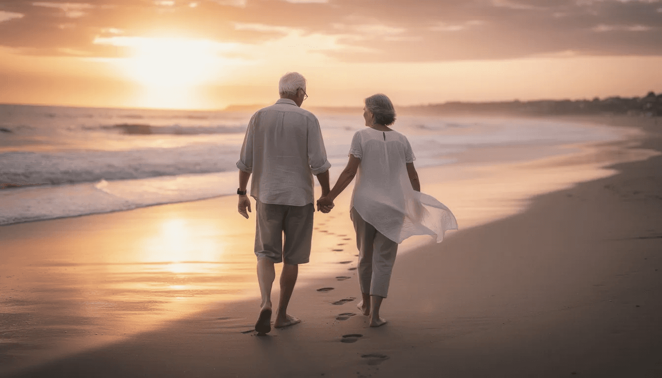 A retired couple strolls hand in hand along a serene beach at sunset, their silhouettes framed by the warm hues of the sky. This peaceful moment reflects their financial independence and the culmination of their retirement savings, allowing them to enjoy their golden years together.