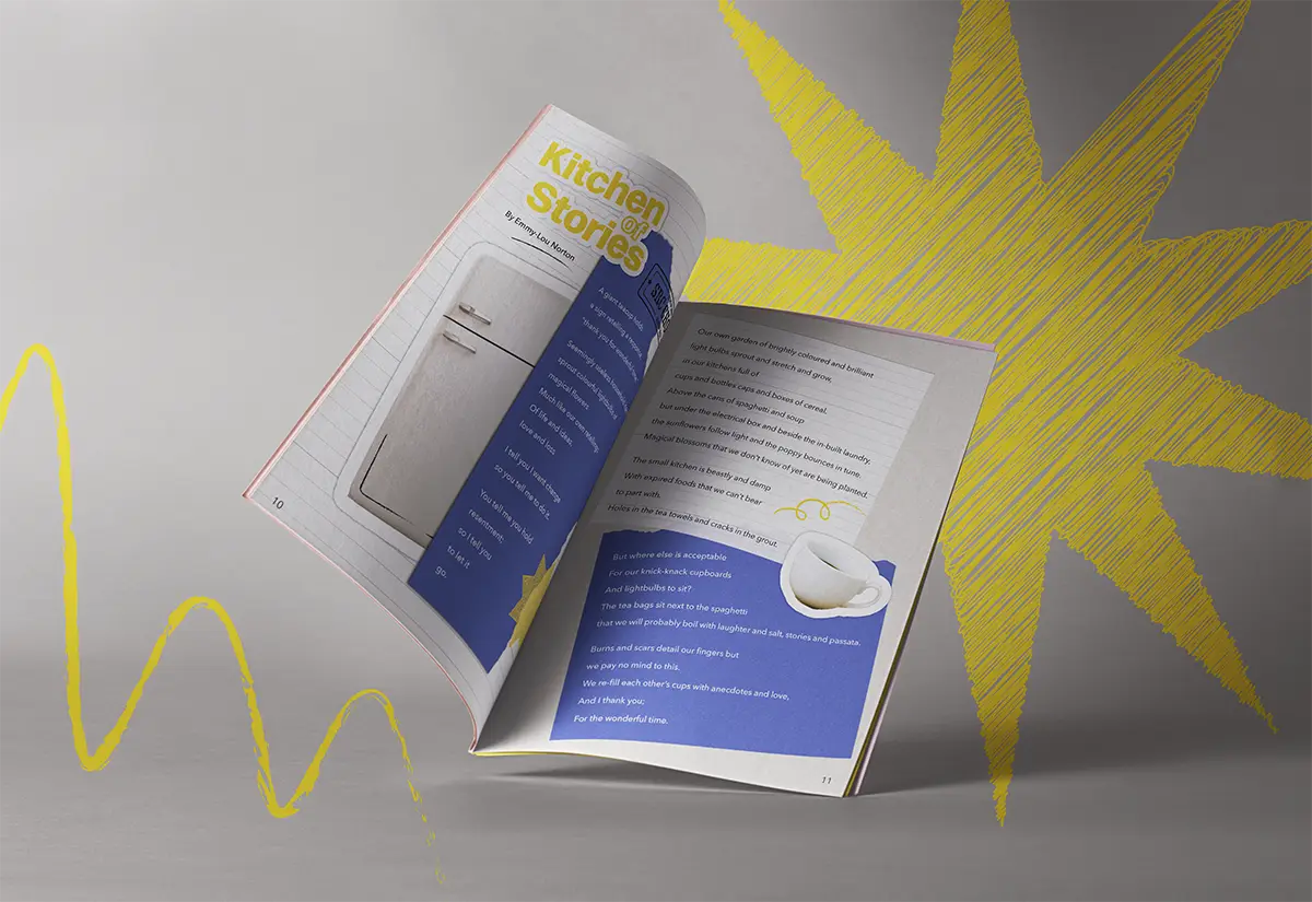 Curieux Kitchen Stories spread standing open against a grey backdrop with a yellow scribbled starburst