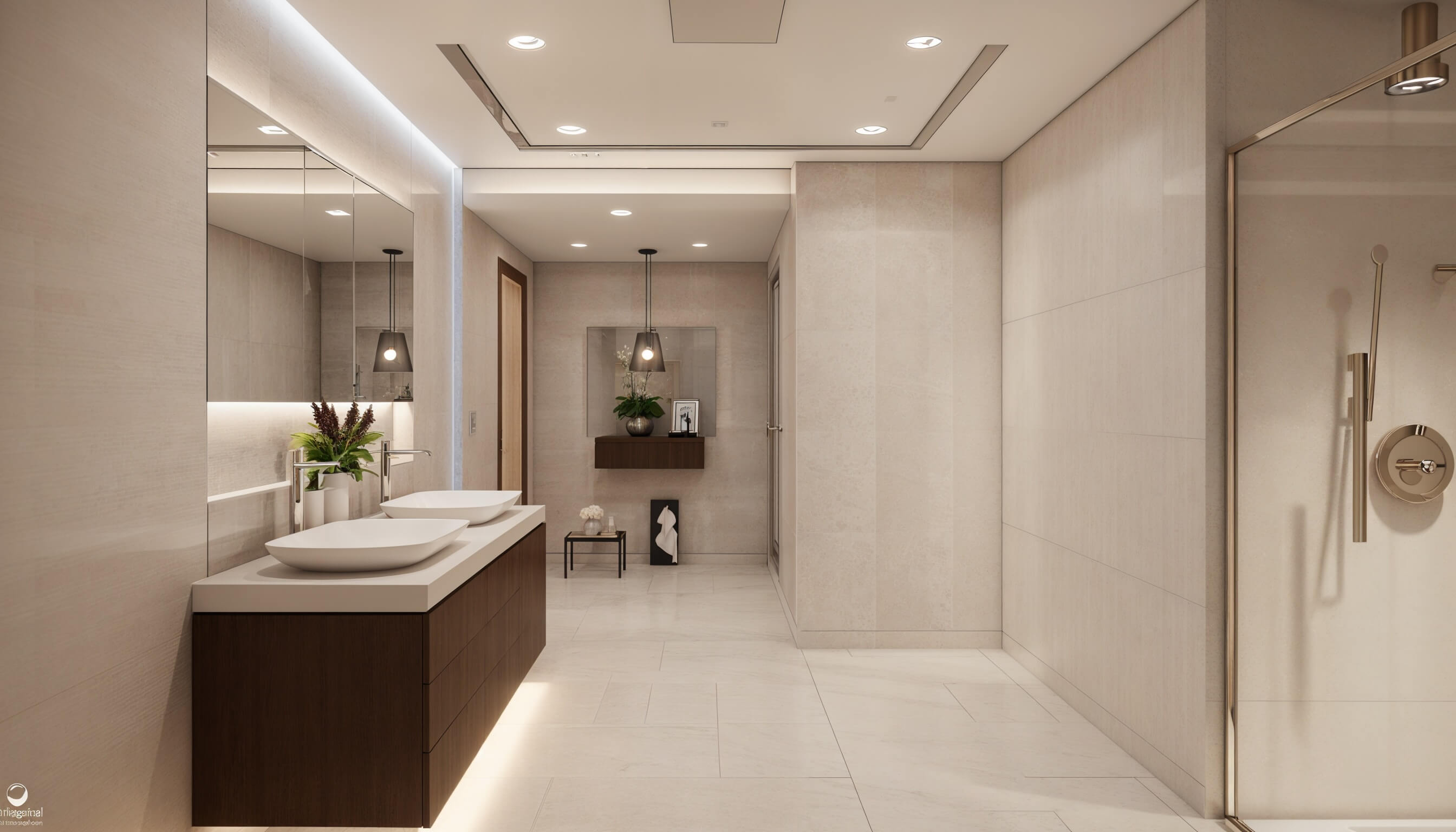 Modern luxury bathroom with double vanity, soft neutral palette, floor tile, and walk in shower.