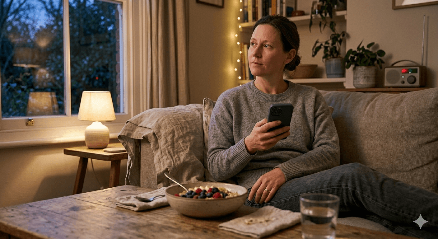 Woman reflecting on eating habits with phone — choosing the right app for emotional eating support