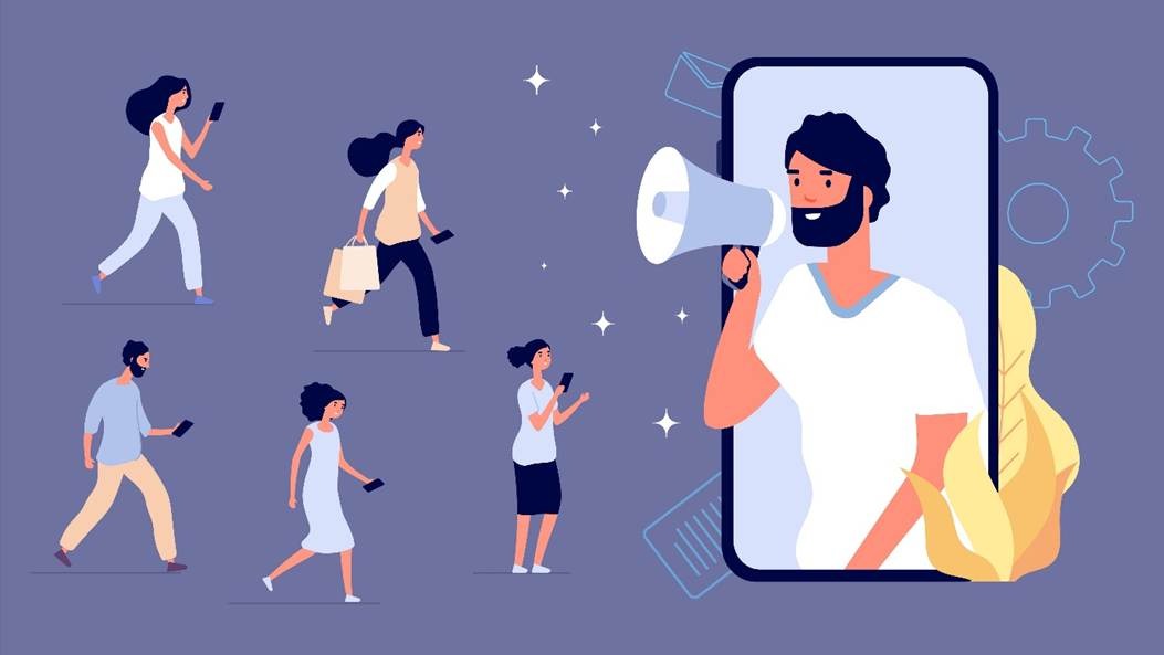 Flat illustration of a mobile influencer with a megaphone reaching a diverse audience of consumers scrolling on smartphones.