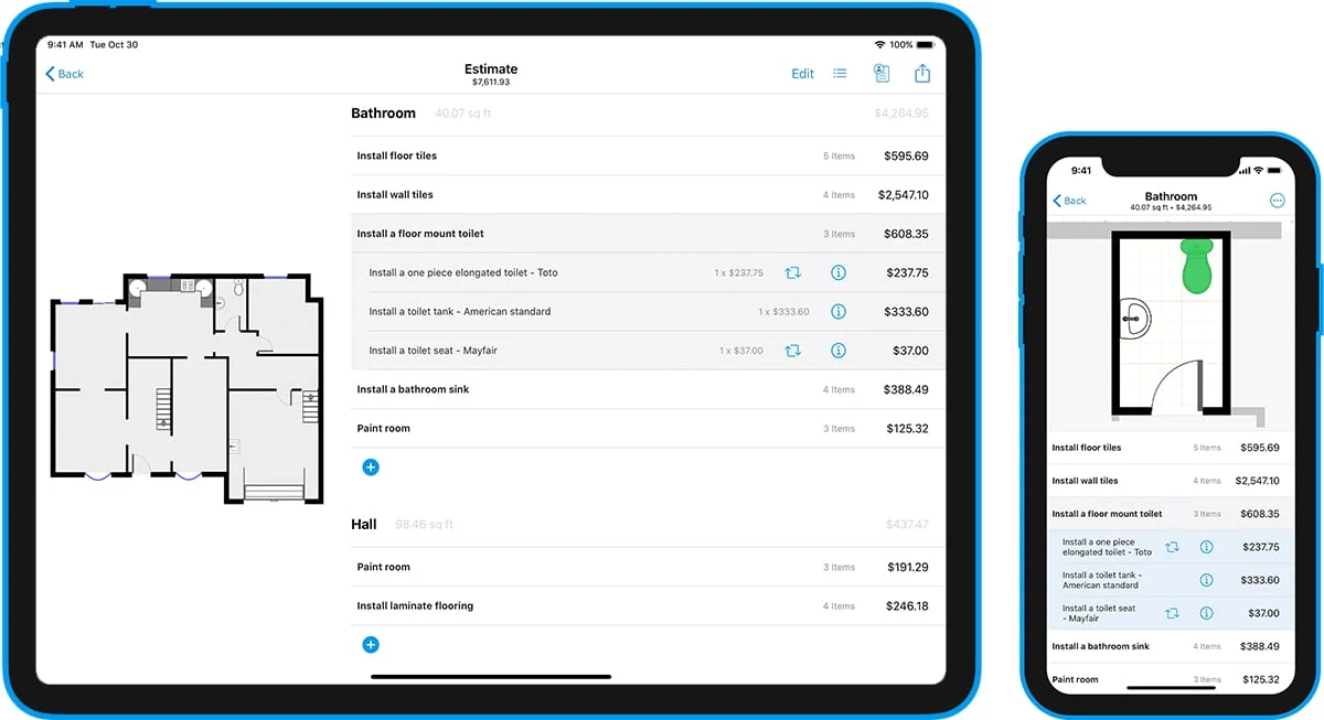 magic plan estimator interface showing project cost estimates on tablet and mobile devices