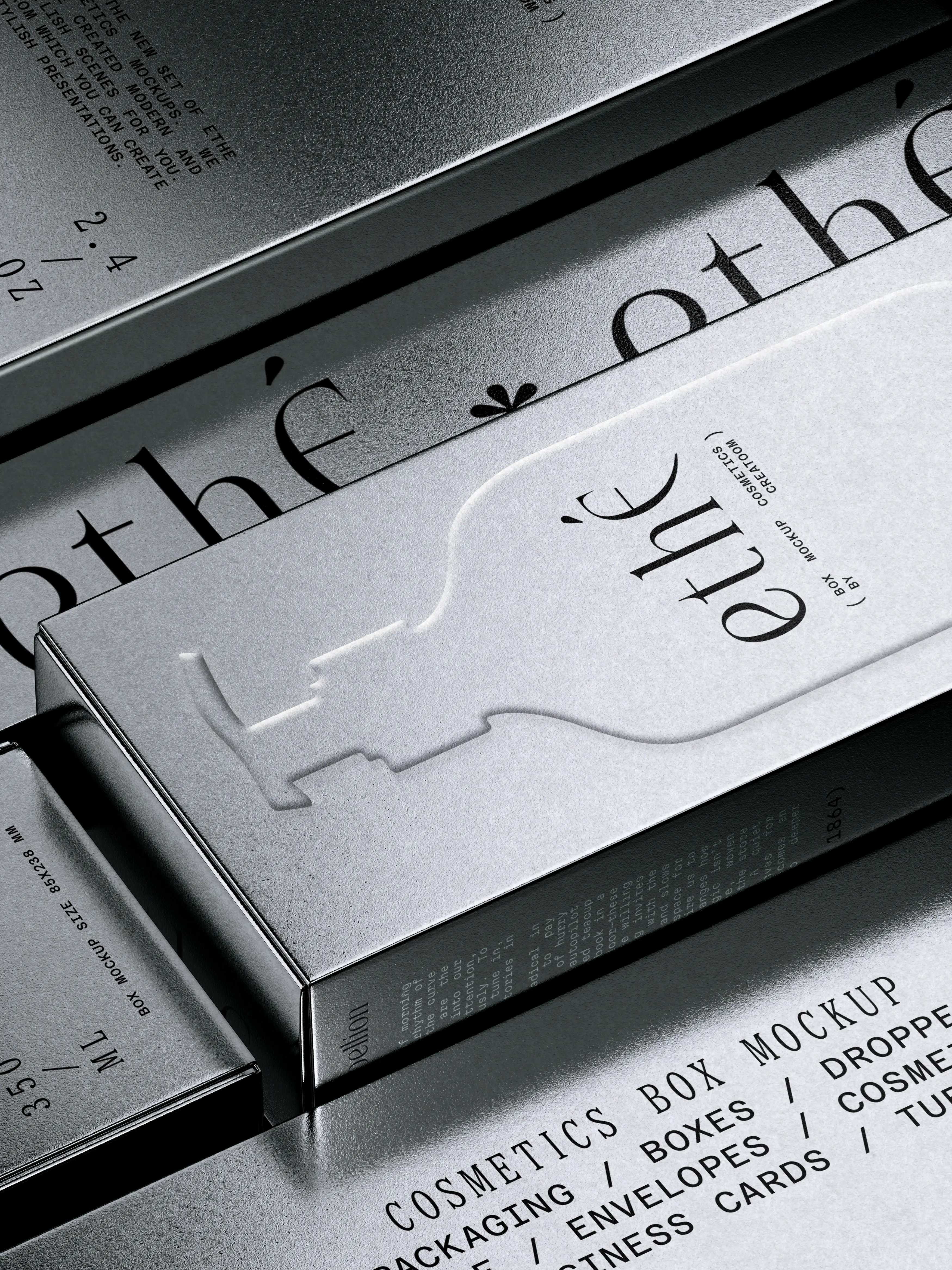 Silver embossed cosmetics box with debossed bottle detail