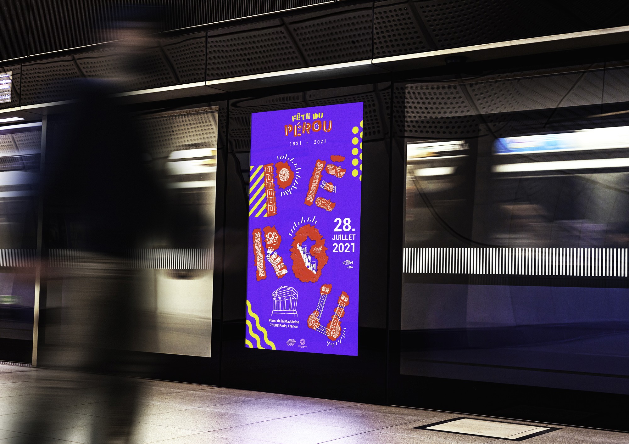 Bicentennial poster for Fiestas Patrias Peru displayed in Paris, combining custom typography and cultural symbols into a bold contemporary visual identity