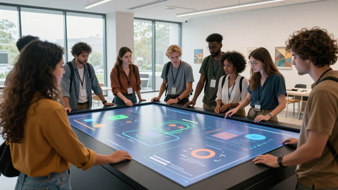 Diverse group engaging with accessible interactive digital interface