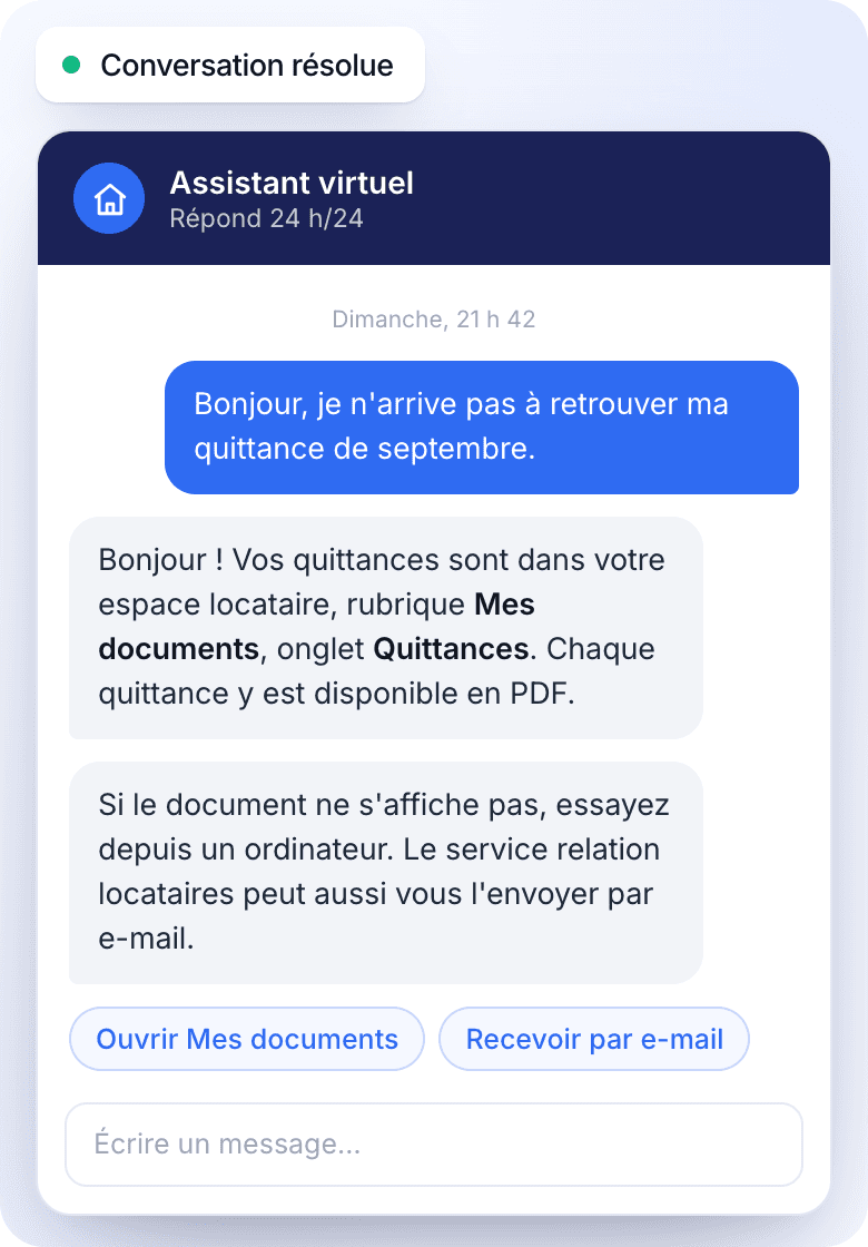 Chatbot ViaSay ouvert sur un espace locataire : un locataire demande sa quittance un dimanche soir et obtient la rubrique où la trouver