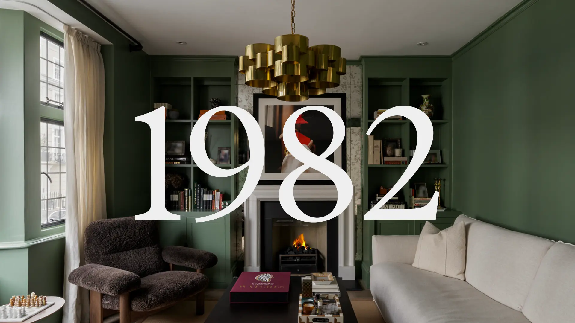 Camerons Stiff & Co graphic: 1982 in large serif numerals over a green panelled living room
