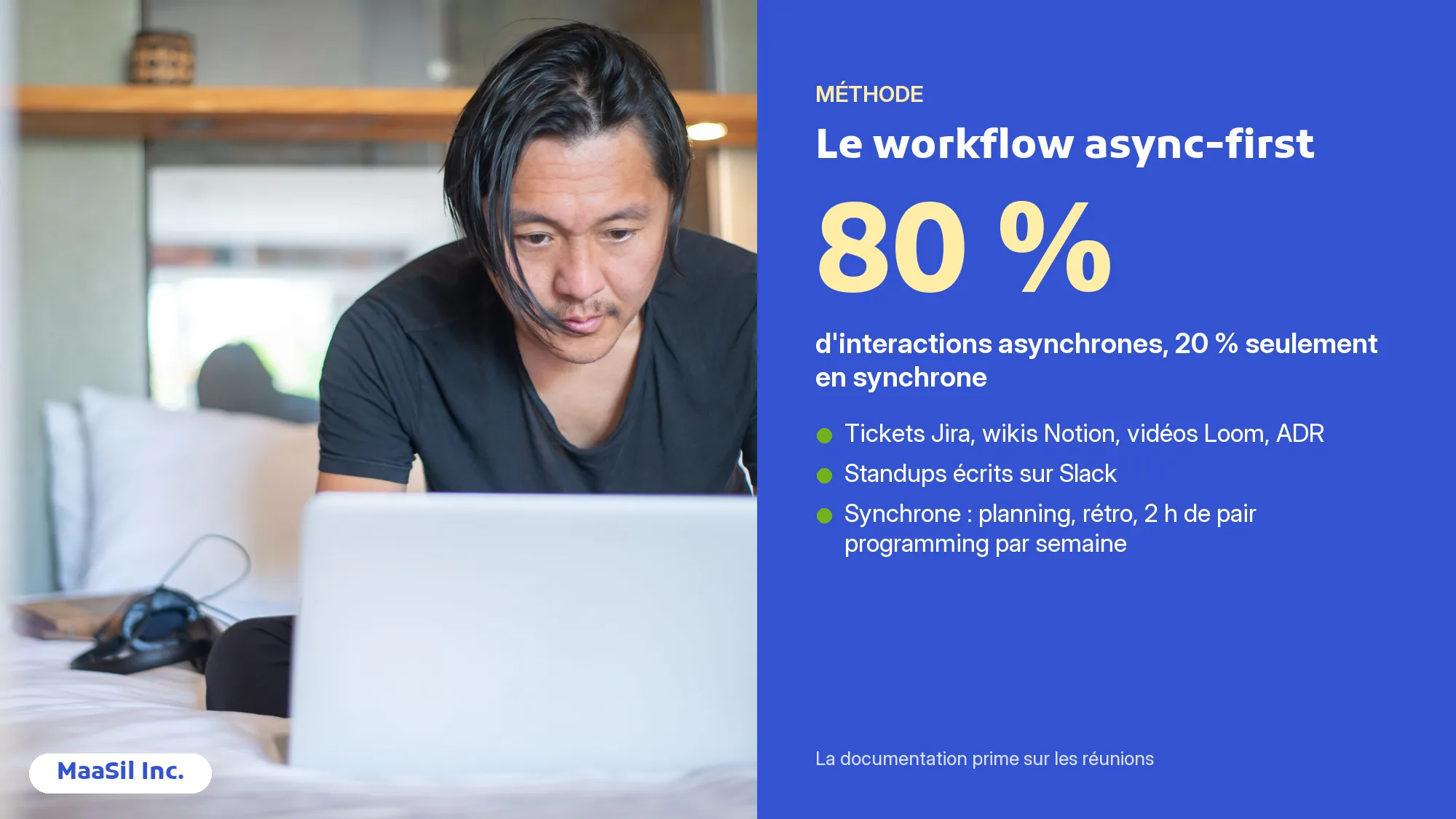 Infographie du workflow async-first : 80 % d'interactions asynchrones via Jira, Notion et Loom, 20 % en synchrone