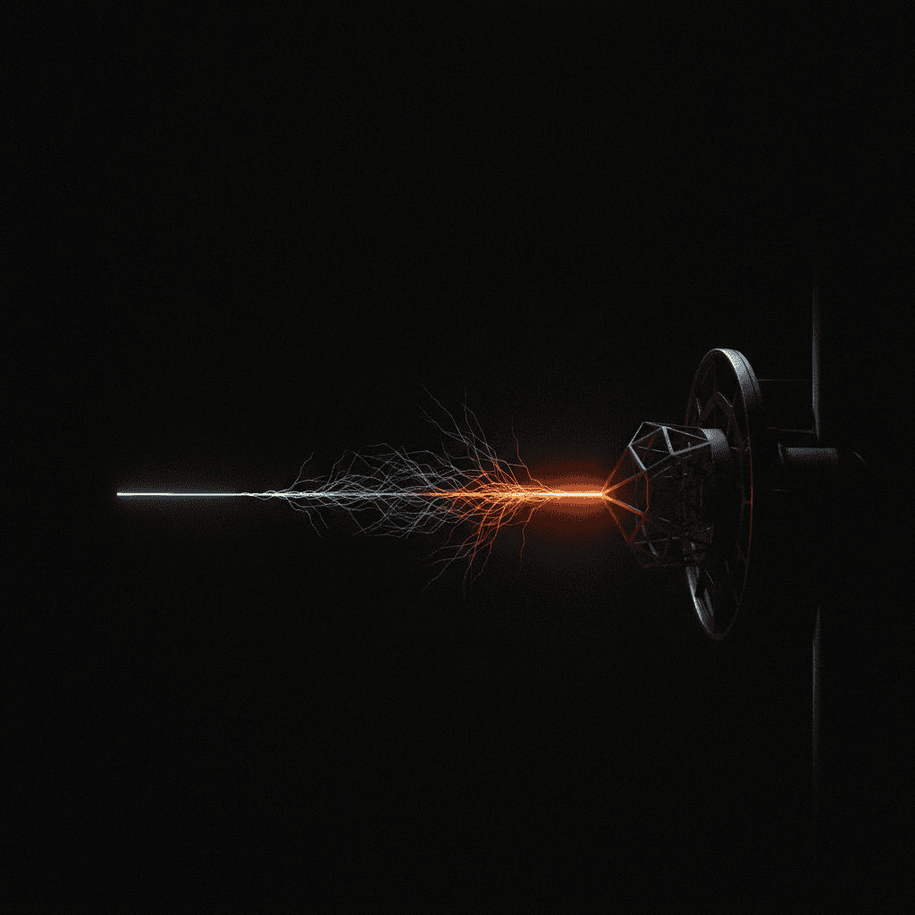 A single thread of orange light branching toward one focal point against deep black void