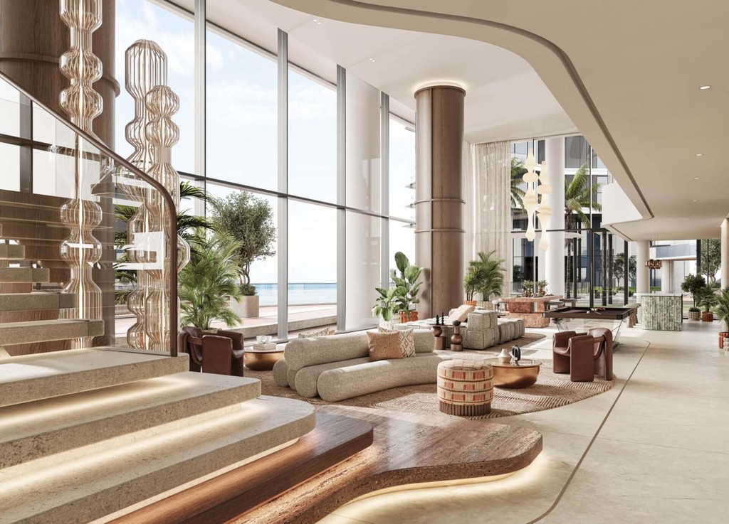 Luxurious hotel lobby with elegant decor and a stunning view of the ocean at Costa Mare.