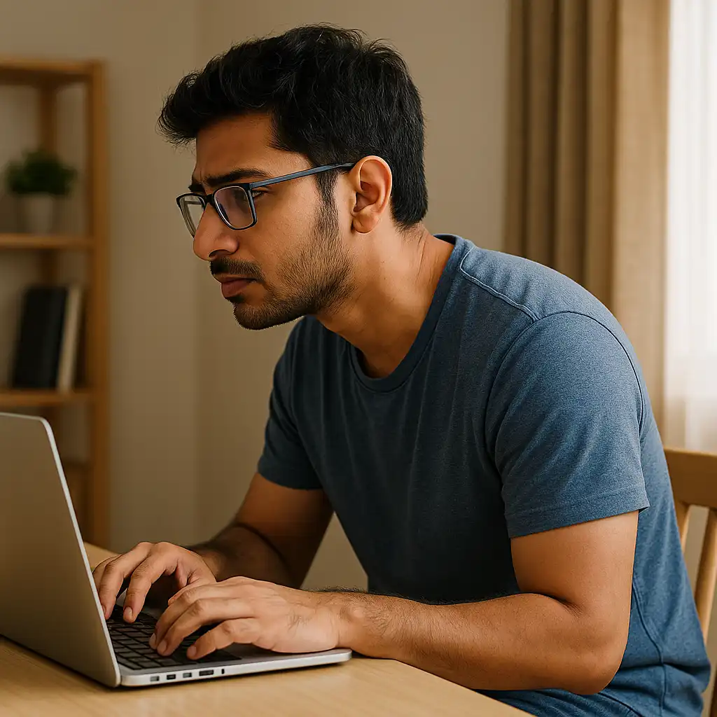 Man sitting at a desk and leaning forward toward his laptop with a slouched posture, showing forward head position and rounded shoulders while working.