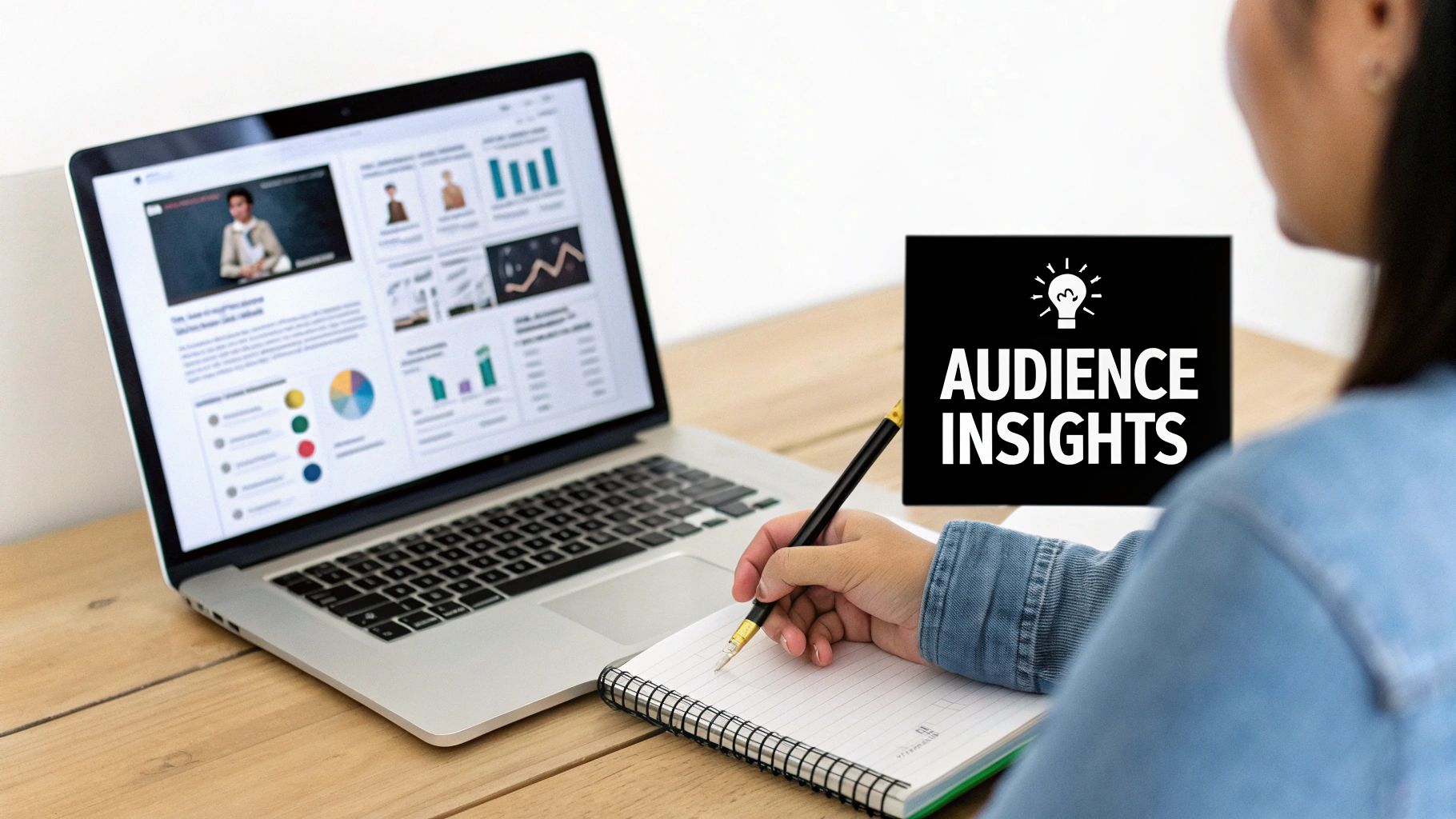 Person analyzing audience insights on a laptop with data visualizations, taking notes in a notebook.