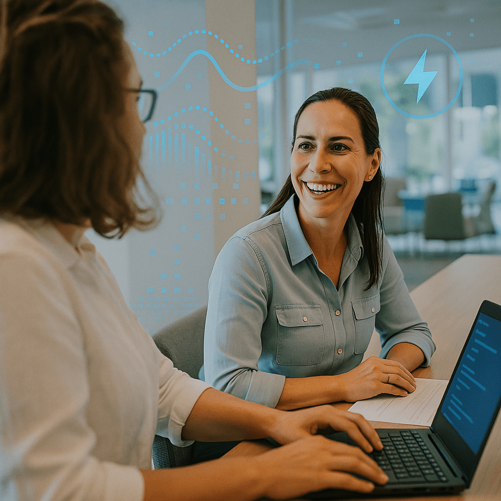 A woman talking to another woman at work