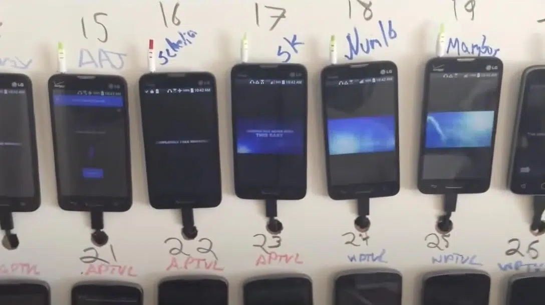 Close-up of smartphones in a click farm