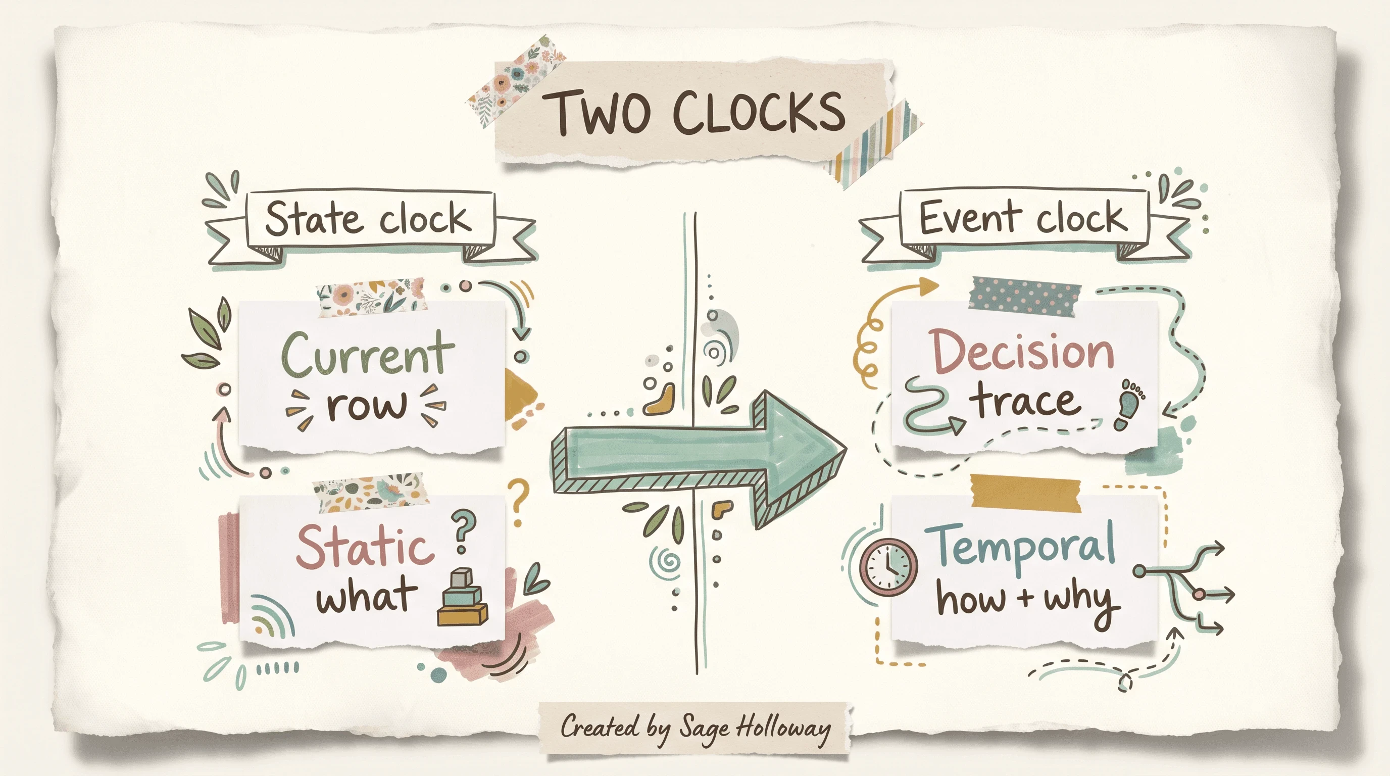 Scrapbook diagram comparing a static state-clock database snapshot to an event-clock timeline of decision traces