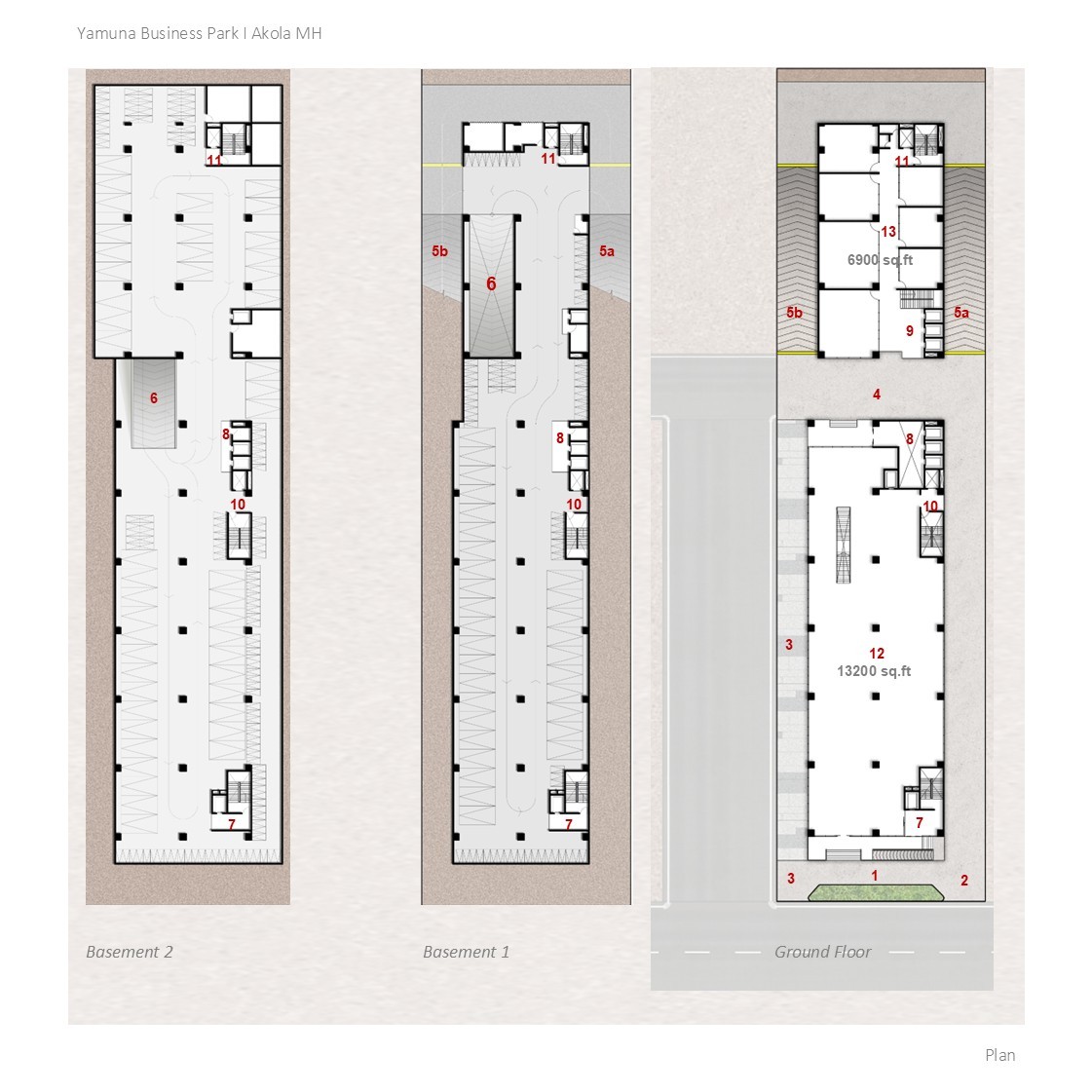 Business Park, Akola – basement and ground floor plans showing parking, services, and retail spaces, designed by Rooted Narratives, Bengaluru.