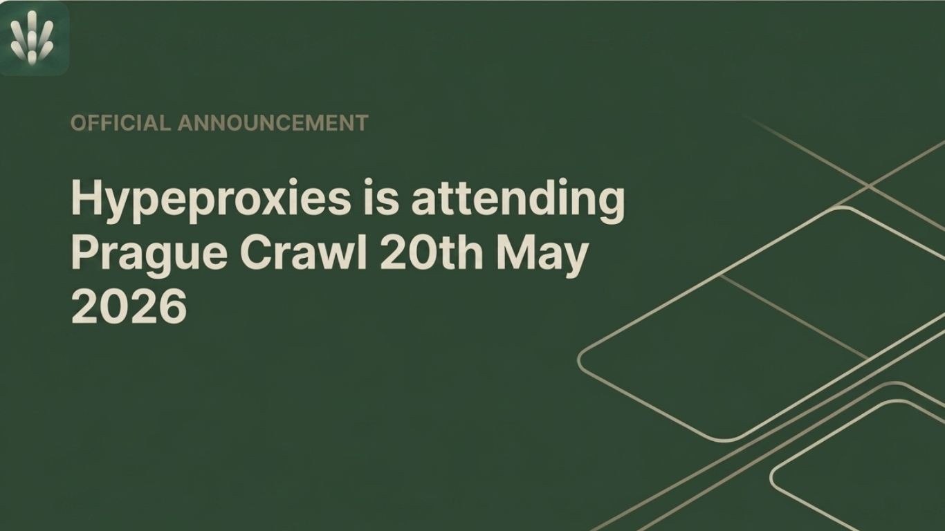 A professional tech announcement graphic on a dark forest green background with a cream-colored border. On the left, a minimalist three-bar logo sits above the gray text 'OFFICIAL ANNOUNCEMENT'. The main headline reads in bold off-white text: 'Hypeproxies is attending Prague Crawl 28th May 2026'.The right side features subtle beige geometric lines simulating an isometric network matrix grid.